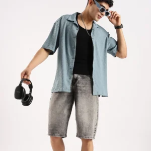 Poly Textured Oversized Shirt Lt Blue