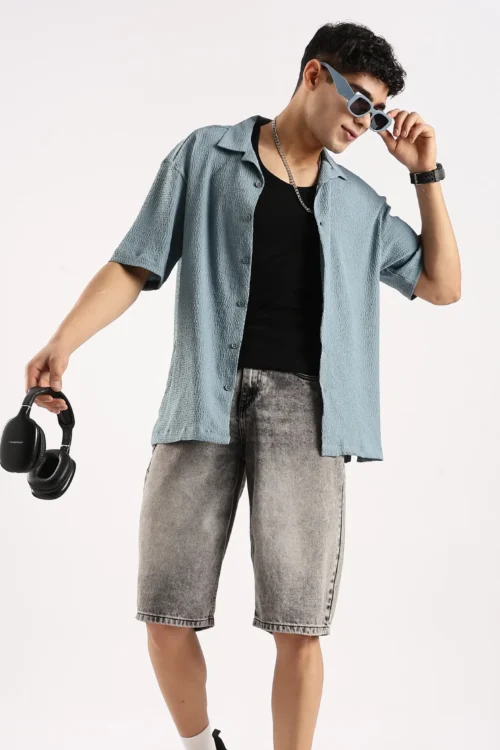 Poly Textured Oversized Shirt Lt Blue