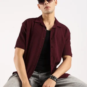 Poly Textured Oversized Shirt Maroon
