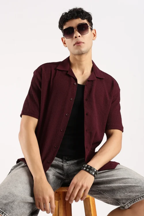 Poly Textured Oversized Shirt Maroon