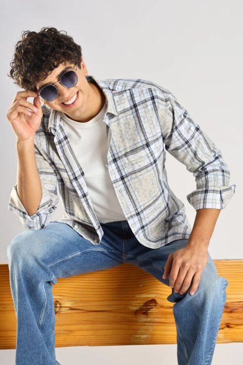 100% Cotton Slim Fit Checked Shirt Blue