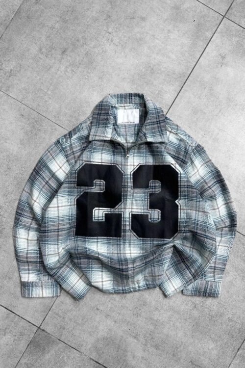 23 Front Printed Flannel Zip-Up Oversize Shirt - Gray shade