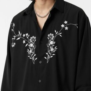 Designer Front Embroidery Dropshoulder Shirt - Black