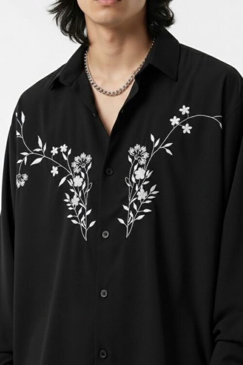 Designer Front Embroidery Dropshoulder Shirt - Black