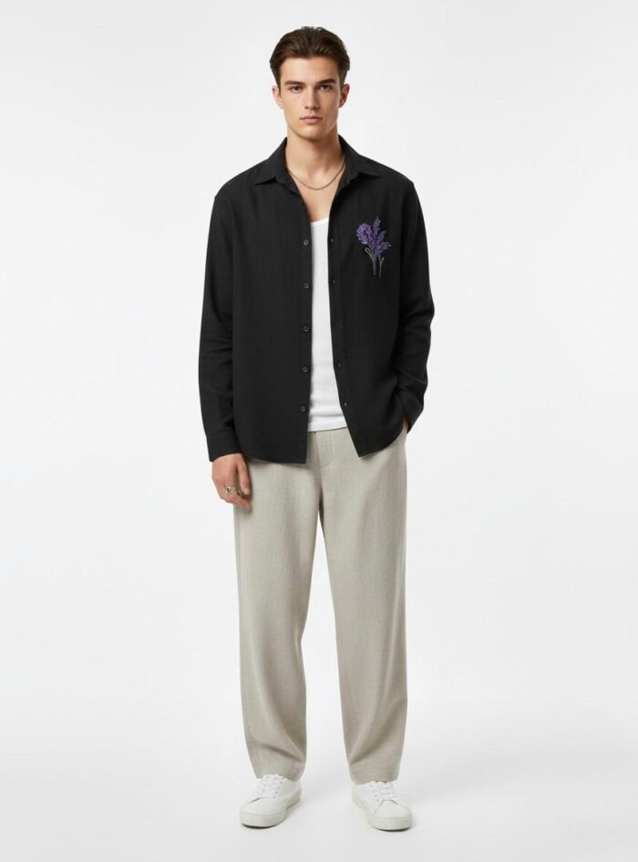 Minimal Flower Embroidery DropShoulder Shirt- Black 00