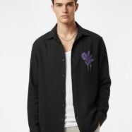 Minimal Flower Embroidery DropShoulder Shirt- Black 01