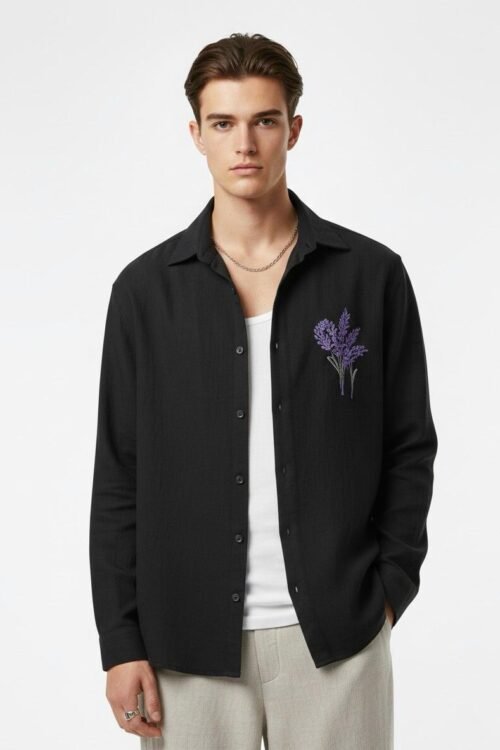 Minimal Flower Embroidery DropShoulder Shirt- Black