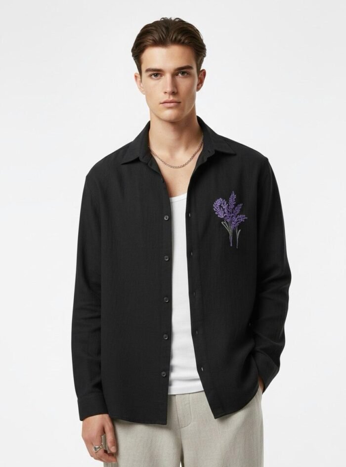 Minimal Flower Embroidery DropShoulder Shirt- Black 01