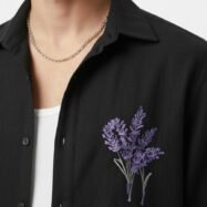 Minimal Flower Embroidery DropShoulder Shirt- Black 02