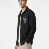 Minimal Flower Embroidery DropShoulder Shirt- Black 03