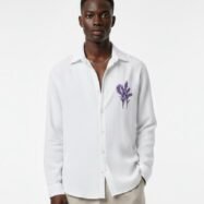 Minimal Flower Embroidery DropShoulder Shirt- White 00