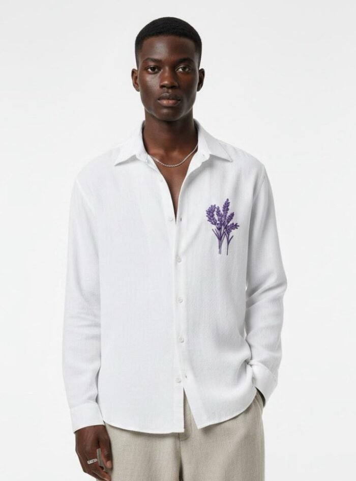 Minimal Flower Embroidery DropShoulder Shirt- White 00