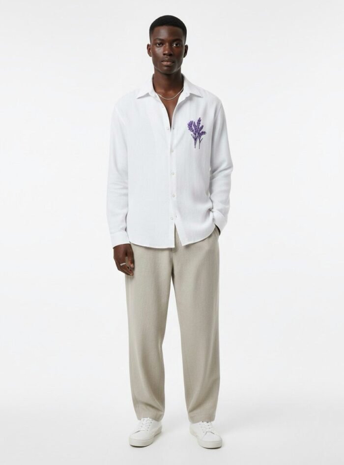 Minimal Flower Embroidery DropShoulder Shirt- White 01