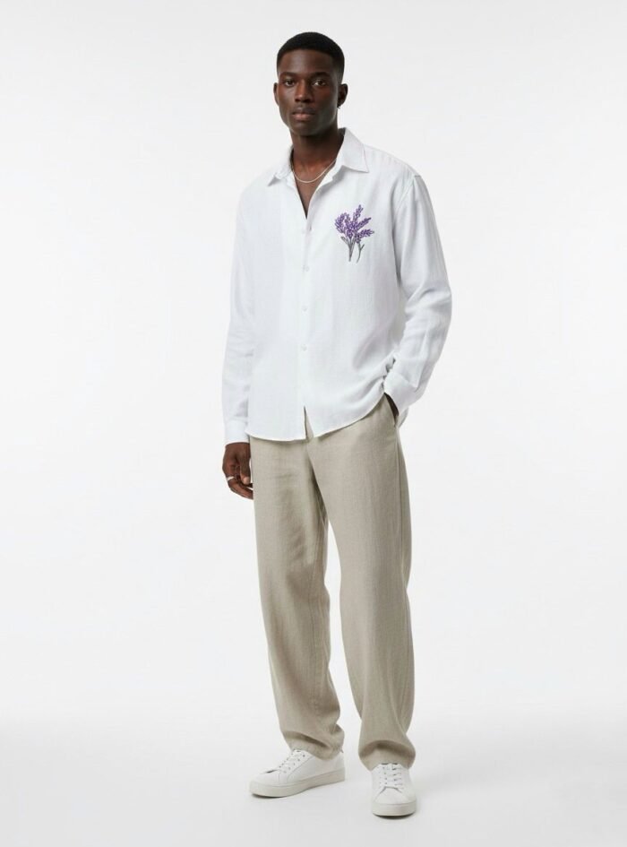 Minimal Flower Embroidery DropShoulder Shirt- White 02