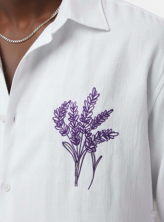 Minimal Flower Embroidery DropShoulder Shirt- White 03