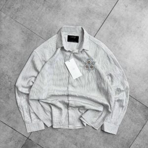 Flower Embroidery With Imp Minimal Striped Droupshoulder Shirt - White