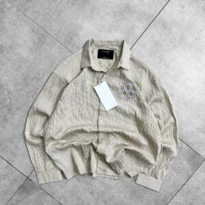 Flower Embroidery With Imp Minimal Striped Droupshoulder Shirt