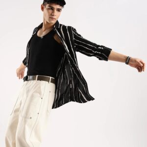 Viscose Slim Fit Striped Shirt Black