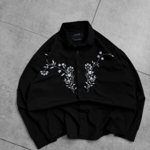 Designer Front Embroidery Dropshoulder Shirt - Black