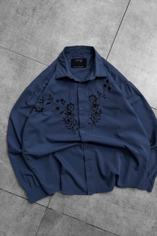 Designer Front Embroidery Dropshoulder Shirt- Blue