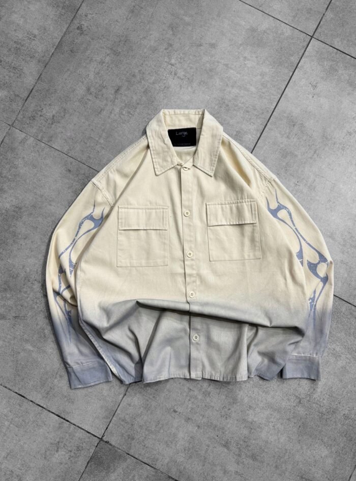 Dipdyed With Puff Sleeve Printed Dropshoulder Shirt- White 01