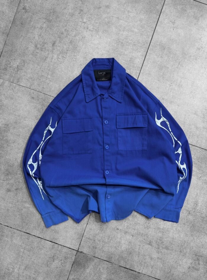 Dipdyed With Puff Sleeve Printed Dropshoulder Shirt- Blue