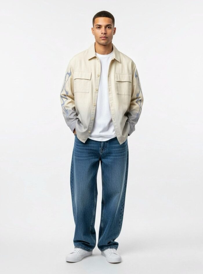 Dipdyed With Puff Sleeve Printed Dropshoulder Shirt- White