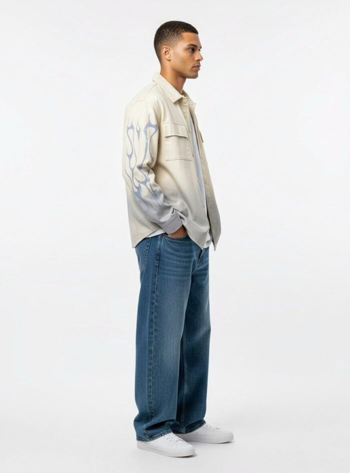 Dipdyed With Puff Sleeve Printed Dropshoulder Shirt- White 03