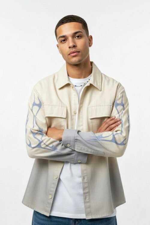 Dipdyed With Puff Sleeve Printed Dropshoulder Shirt- White