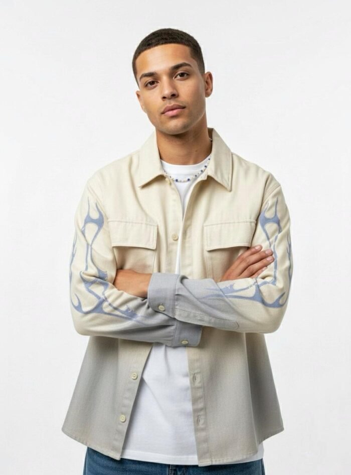 Dipdyed With Puff Sleeve Printed Dropshoulder Shirt- White 02