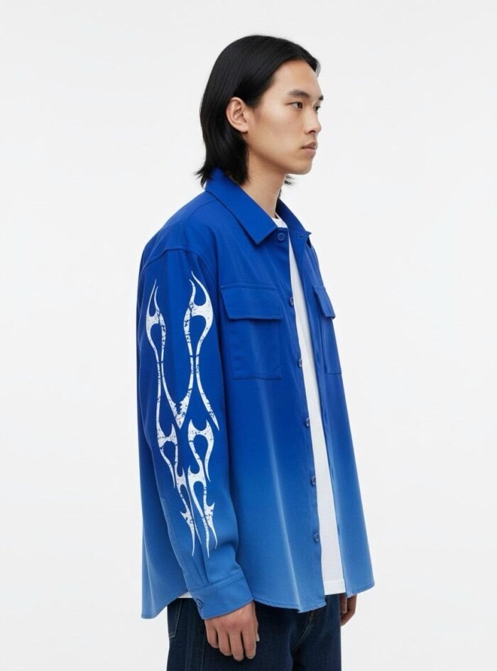 Dipdyed With Puff Sleeve Printed Dropshoulder Shirt- Blue 02