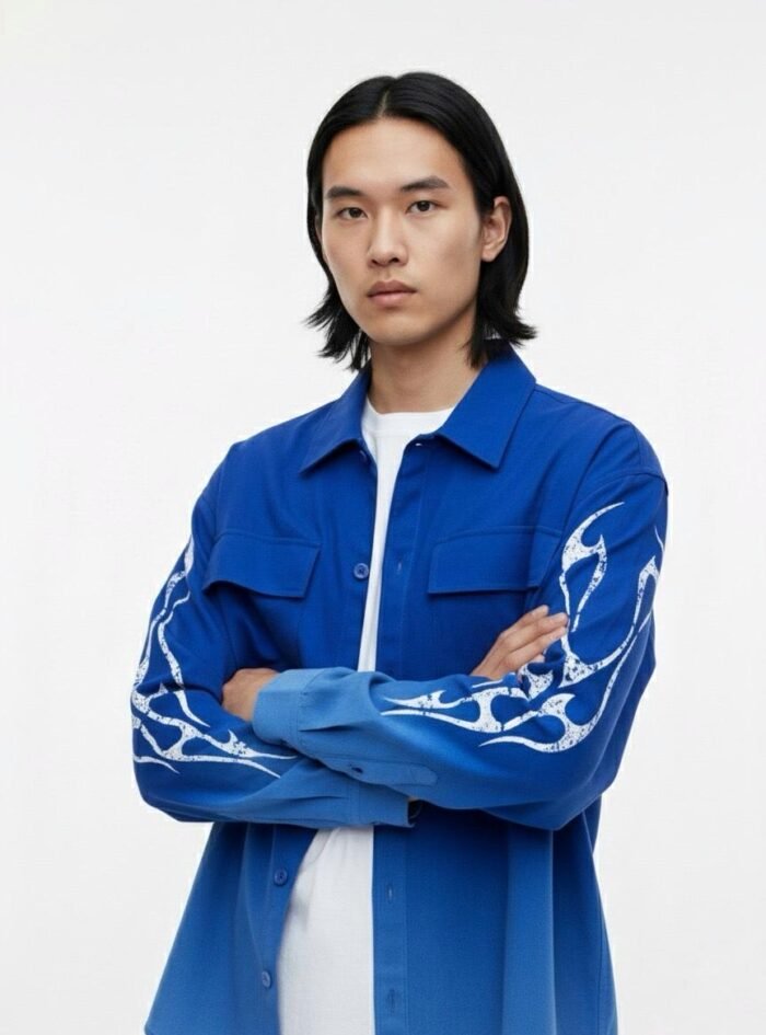 Dipdyed With Puff Sleeve Printed Dropshoulder Shirt- Blue 04