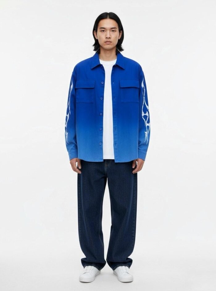 Dipdyed With Puff Sleeve Printed Dropshoulder Shirt- Blue 01