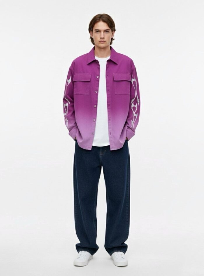 Dipdyed With Puff Sleeve Printed Dropshoulder Shirt- Purple 01 Dipdyed With Puff Sleeve Printed Dropshoulder Shirt- Purple 01