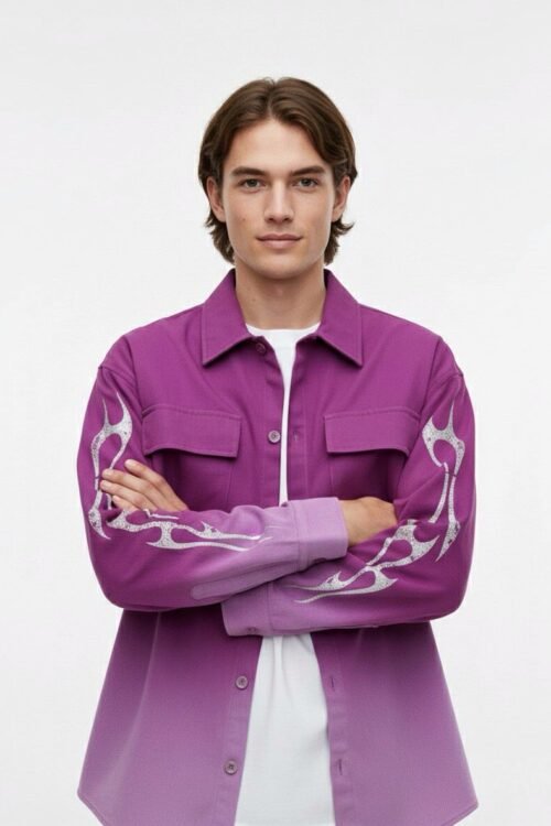 Dipdyed With Puff Sleeve Printed Dropshoulder Shirt- Purple