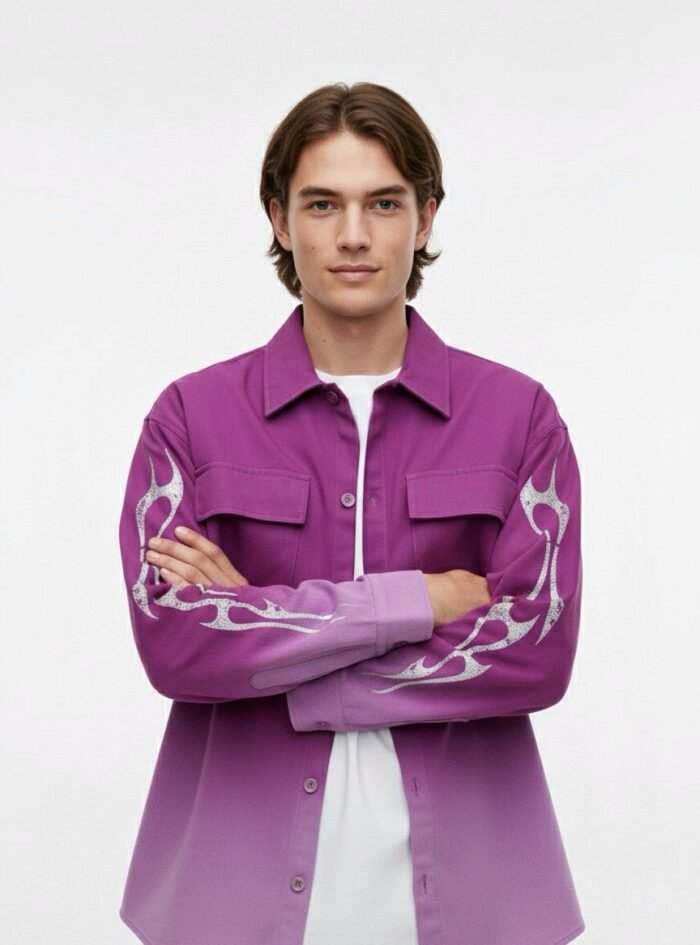 Dipdyed With Puff Sleeve Printed Dropshoulder Shirt- Purple 03 Dipdyed With Puff Sleeve Printed Dropshoulder Shirt- Purple 03