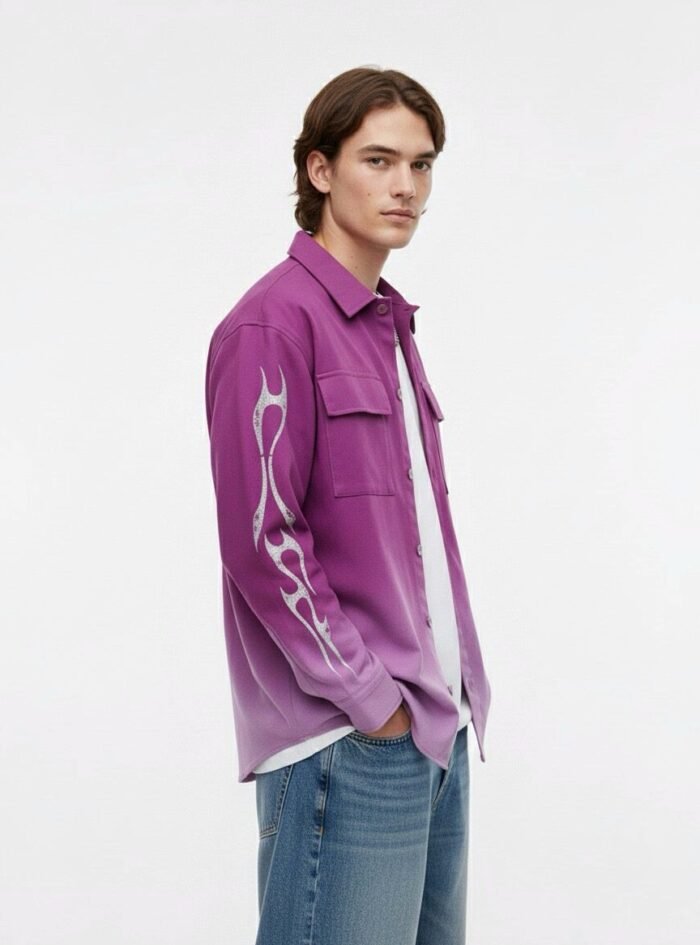 Dipdyed With Puff Sleeve Printed Dropshoulder Shirt- Purple 01 Dipdyed With Puff Sleeve Printed Dropshoulder Shirt- Purple 01