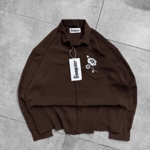 Flower Chest Embroidery DropShoulder Shirt- Brown