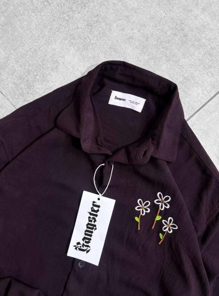 Minimal Floral Chest Embroidery DropShoulder Shirt- Purple