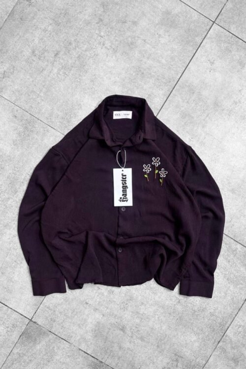 Minimal Floral Chest Embroidery DropShoulder Shirt- Purple