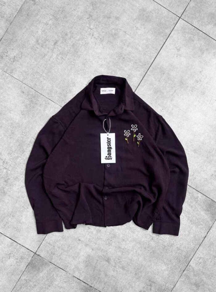 Minimal Floral Chest Embroidery DropShoulder Shirt- Purple00