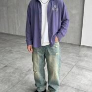 Minimal Floral Chest Embroidery DropShoulder Shirt- lavender 00