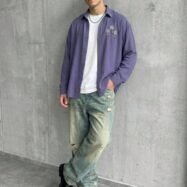 Minimal Floral Chest Embroidery DropShoulder Shirt- lavender 02