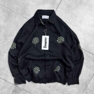 Green Leaf Embroidery Oversize Shirt - Black