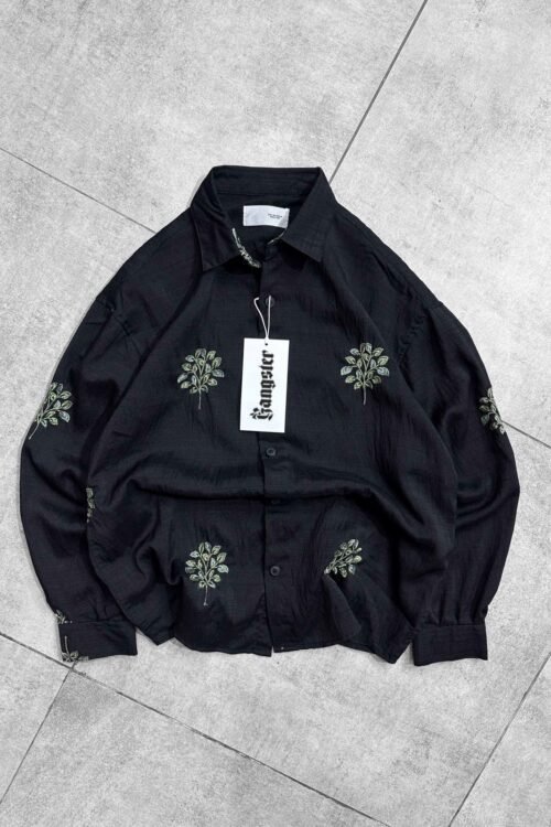 Green Leaf Embroidery Oversize Shirt - Black