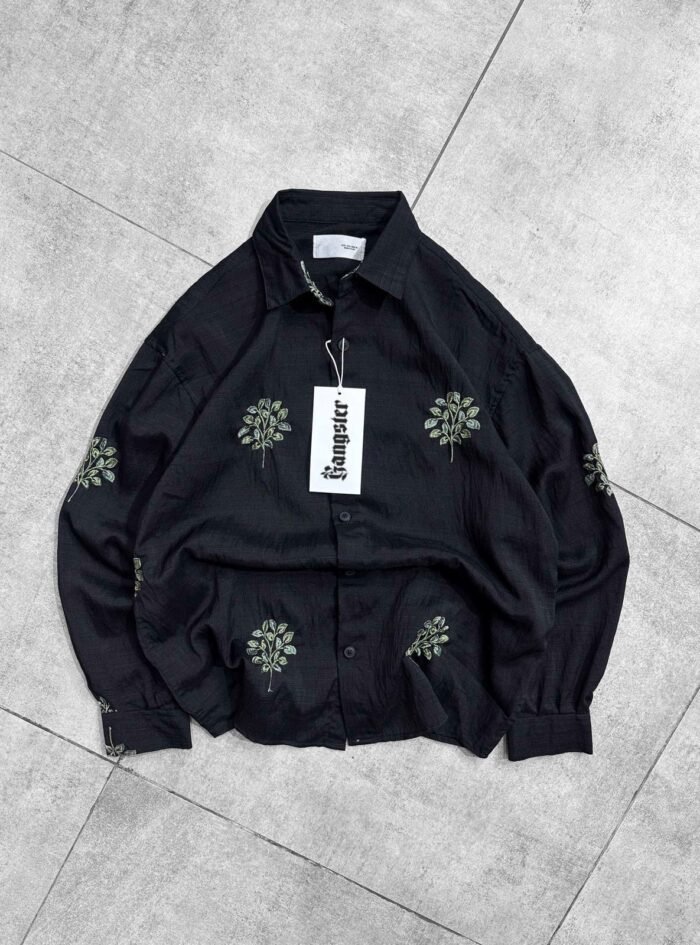 Green Leaf Embroidery Oversize Shirt - Black