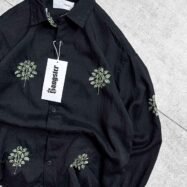 Green Leaf Embroidery Oversize Shirt - Black