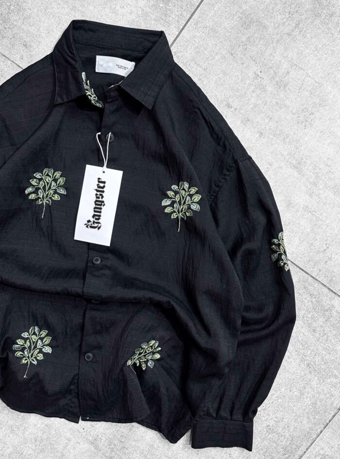 Green Leaf Embroidery Oversize Shirt - Black