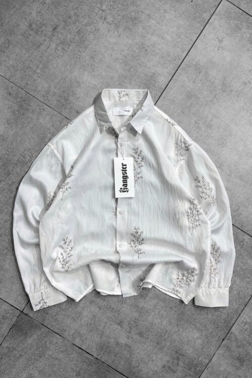 Leaf Embroidery Oversize Shirt - White