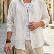 Leaf Embroidery Oversize Shirt - White